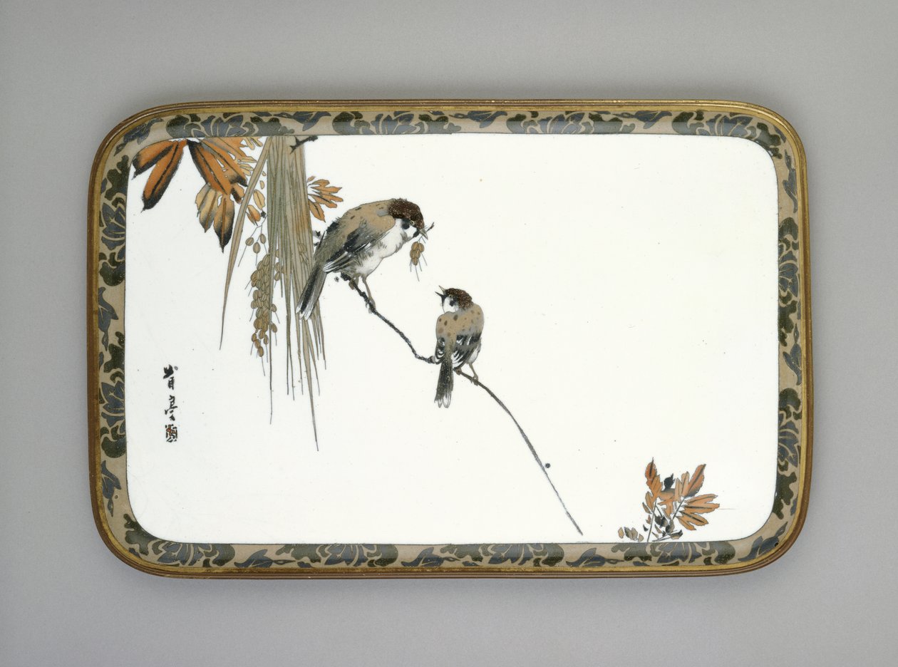 托盘上有两只麻雀，c.1880（景泰蓝珐琅） 作者 浪川助介