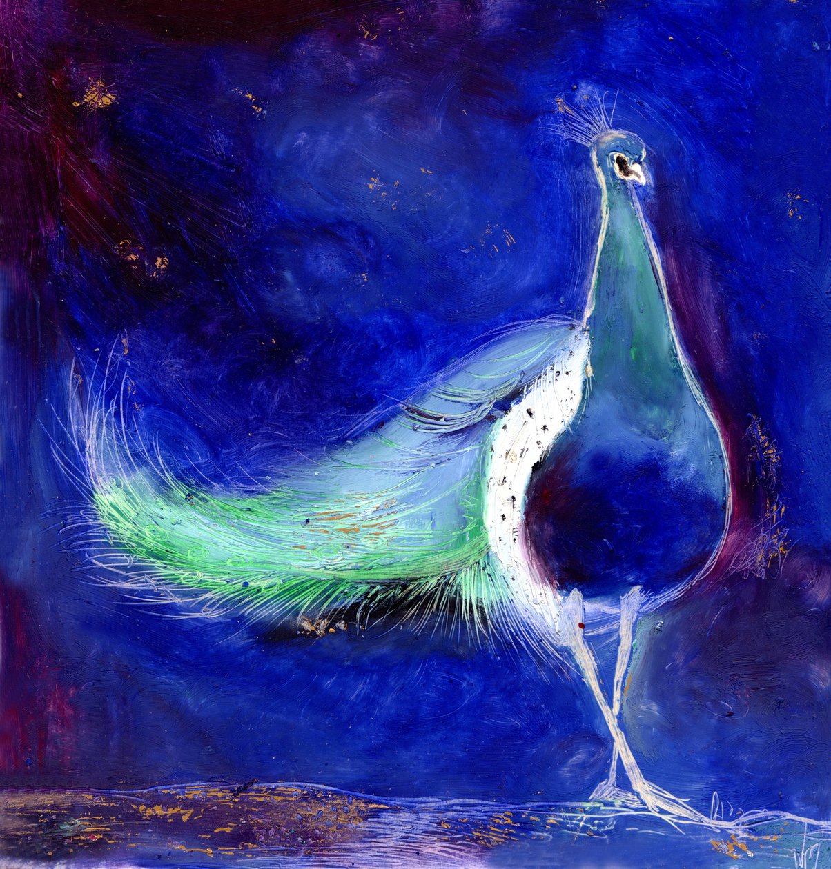 孔雀蓝，2013年，（卡上的油和黄金叶） 作者 南希·莫尼兹·查拉拉姆布斯