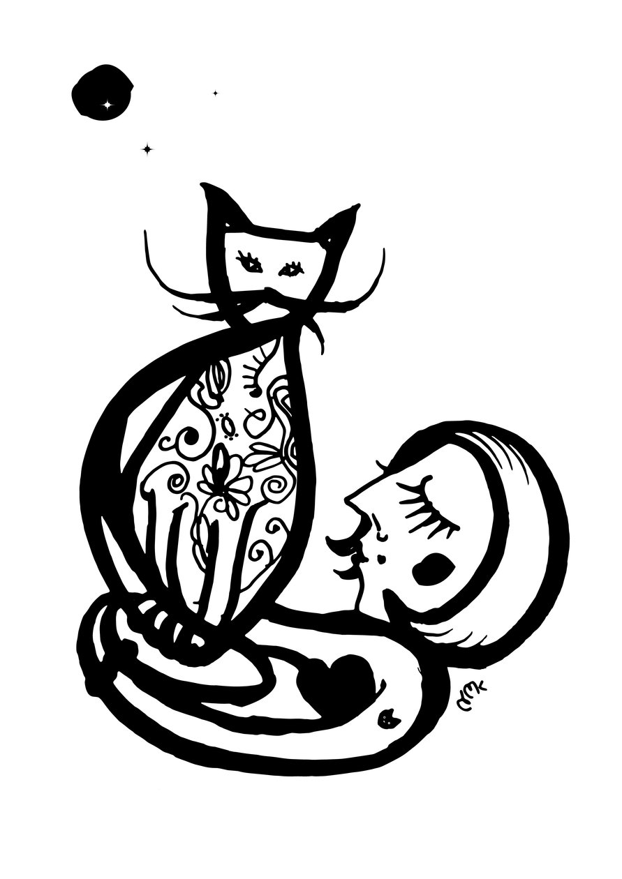艺术星期三的猫，2021 年（卡片上的墨水） 作者 南希·莫尼兹·查拉拉姆布斯
