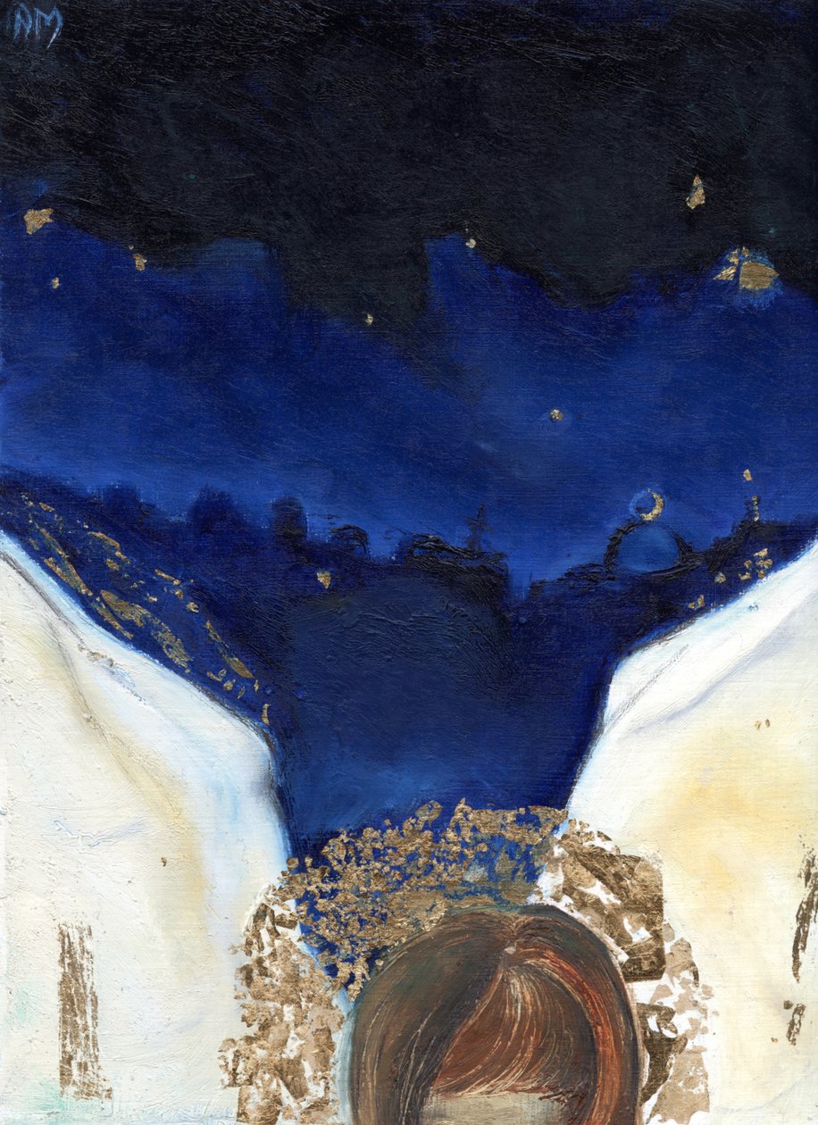天使之夜得到了他的翅膀，2014年，（卡上的油和金叶） 作者 南希·莫尼兹·查拉拉姆布斯
