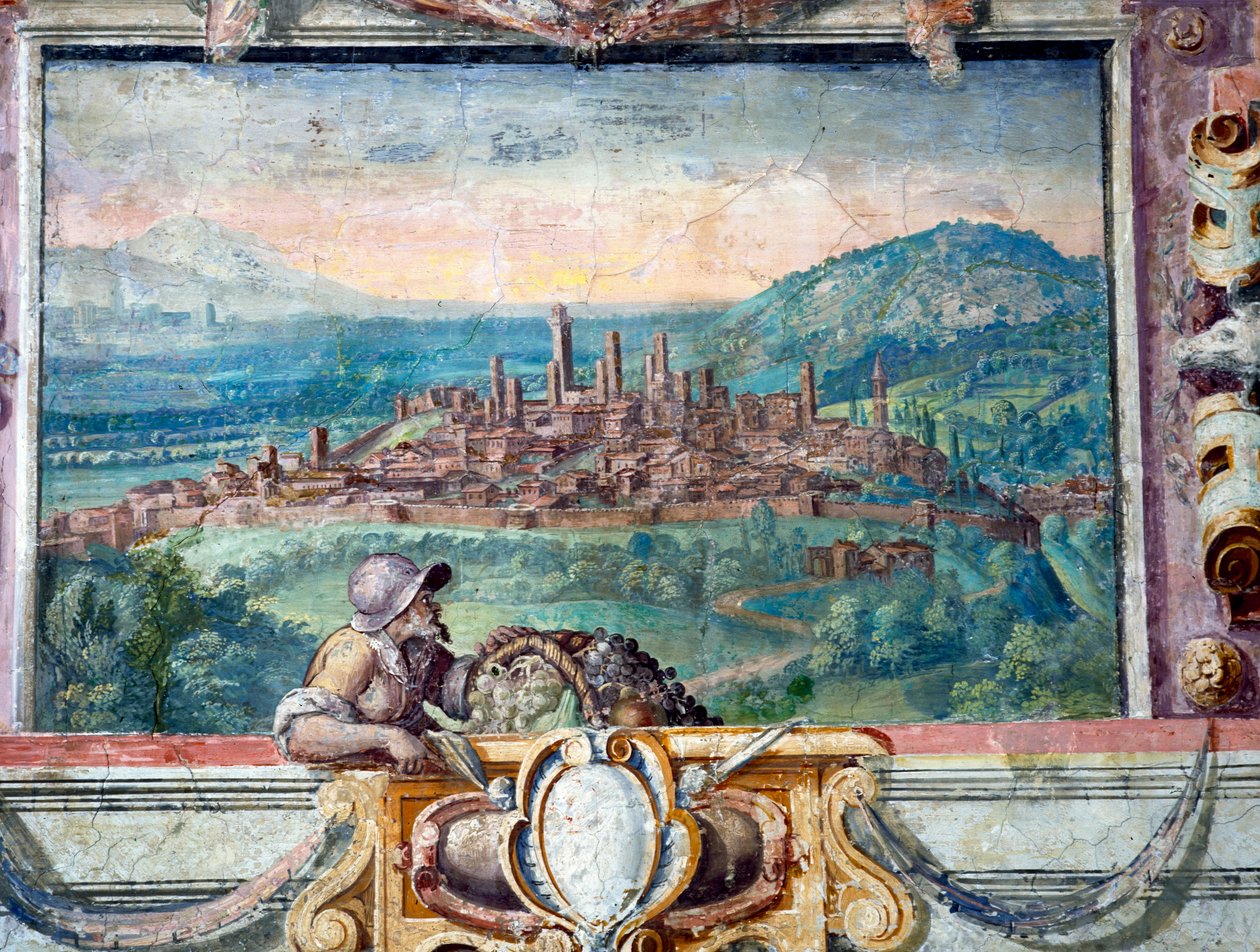 卧室，描述镇的带状装饰细节在Medici规则下，圣Gimiginano，1564-75壁画 作者 Bartolomeo Ammannati