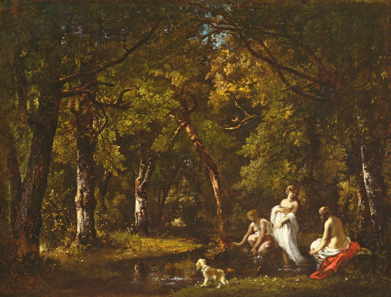 1859年Woodland Stream的沐浴者（胶水衬里帆布上的油） 作者 Narcisse Virgile Diaz de laPeña