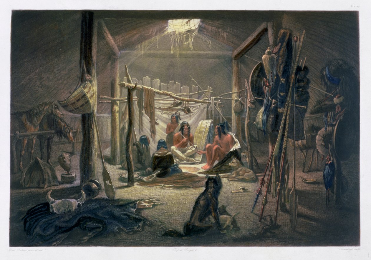 曼丹酋长的小屋内部》，1843年 作者 纳西斯·德斯马德里尔