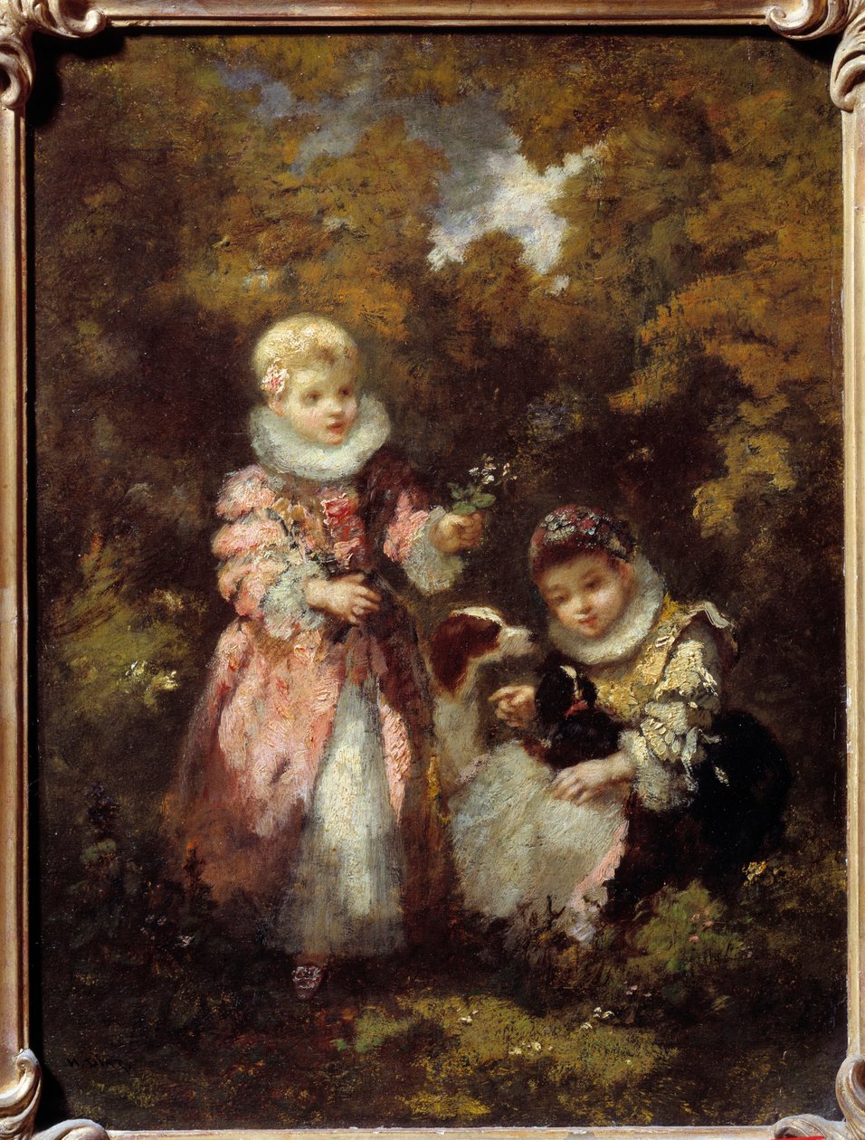 Children and dogs Painting by Narcissus Diaz de la Pena (1807-1876) (ec. de Barbizon) Sun. 0,32x0,24 m 作者 Narcisse Virgile Diaz de laPeña