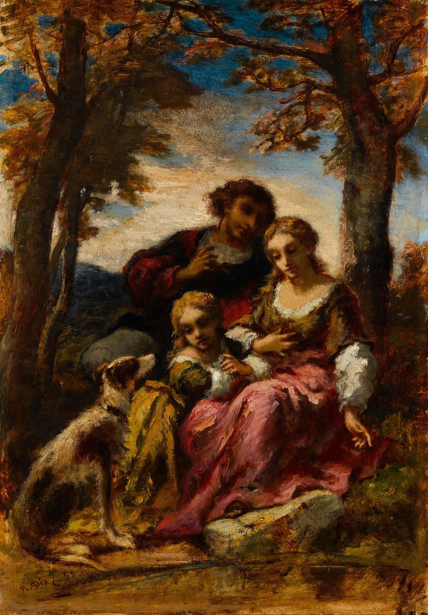 人物和风景中的狗，1852年。 作者 Narcisse Virgile Diaz de laPeña