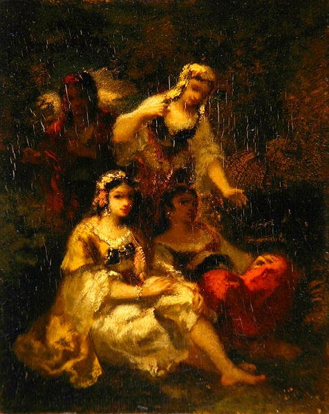 四个西班牙少女，约1844-60（油画板）。 作者 Narcisse Virgile Diaz de laPeña