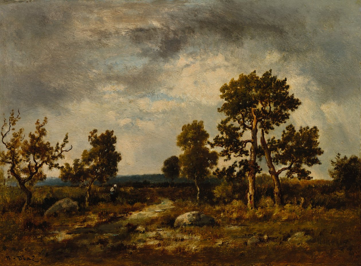 枫丹白露森林毒蛇池塘附近的小路，c。 1860年代（木板油画） 作者 Narcisse Virgile Diaz de laPeña