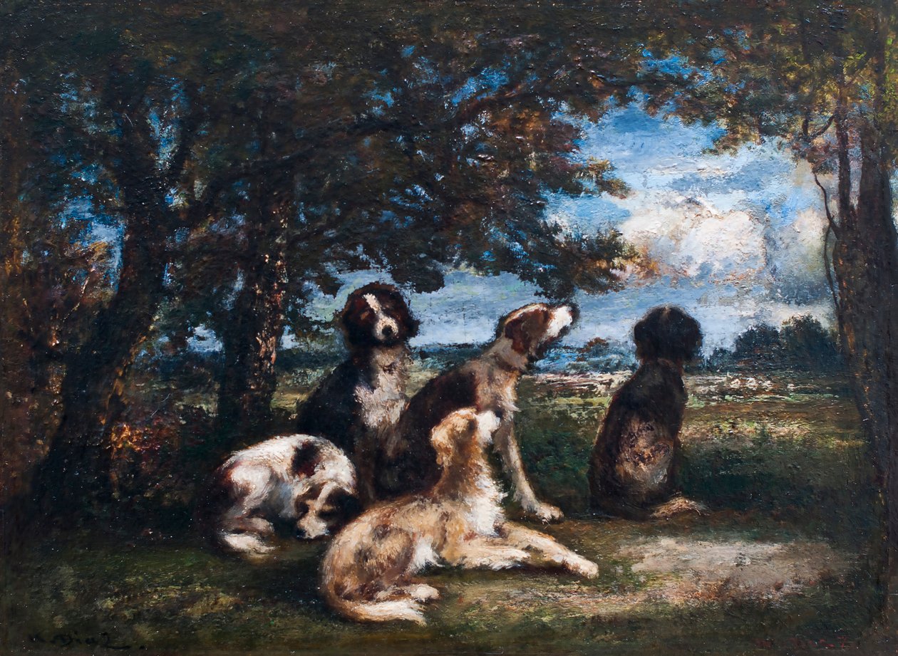 枫丹白露森林中的狗（木板油画） 作者 Narcisse Virgilio Diaz de la Pena