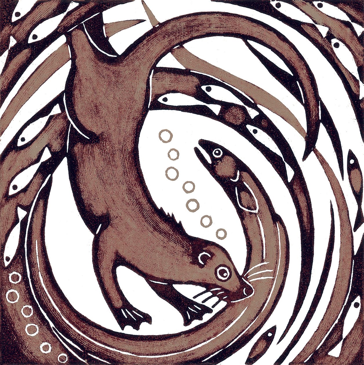 水獭与鳗鱼》，2010 年（彩色木刻） 作者 纳特·莫利