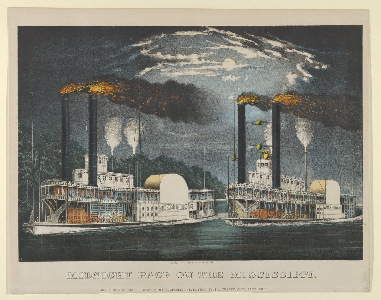 密西西比河上的午夜竞赛，1875年，1875年。创作者：Nathaniel Currier, James Merritt Ives, Currier and Ives. 作者 库里尔和艾夫斯