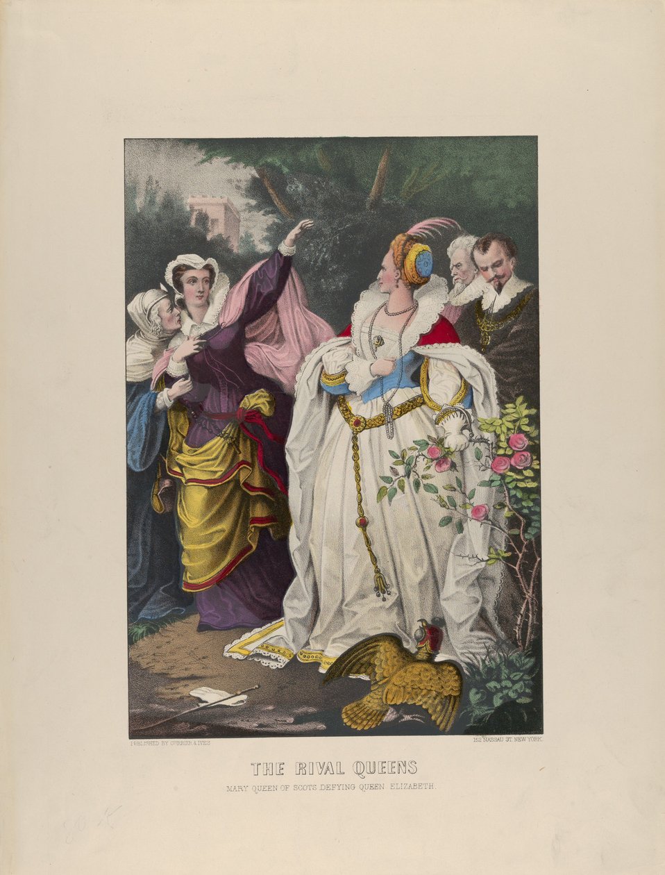敌对的女王--苏格兰的玛丽女王反抗伊丽莎白女王，1857-72.创作者：Nathaniel Currier, James Merritt Ives, Currier and Ives. 作者 库里尔和艾夫斯