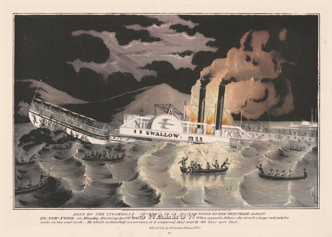 在1845年从奥尔巴尼到纽约的旅途中，蒸汽船的失落 作者 纳撒尼尔·卡里尔（Nathaniel Currier）