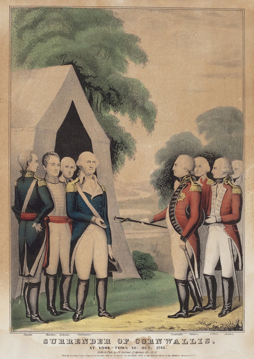 康沃利斯的投降：在弗吉尼亚州约克镇。1781年10月 作者 纳撒尼尔·卡里尔（Nathaniel Currier）