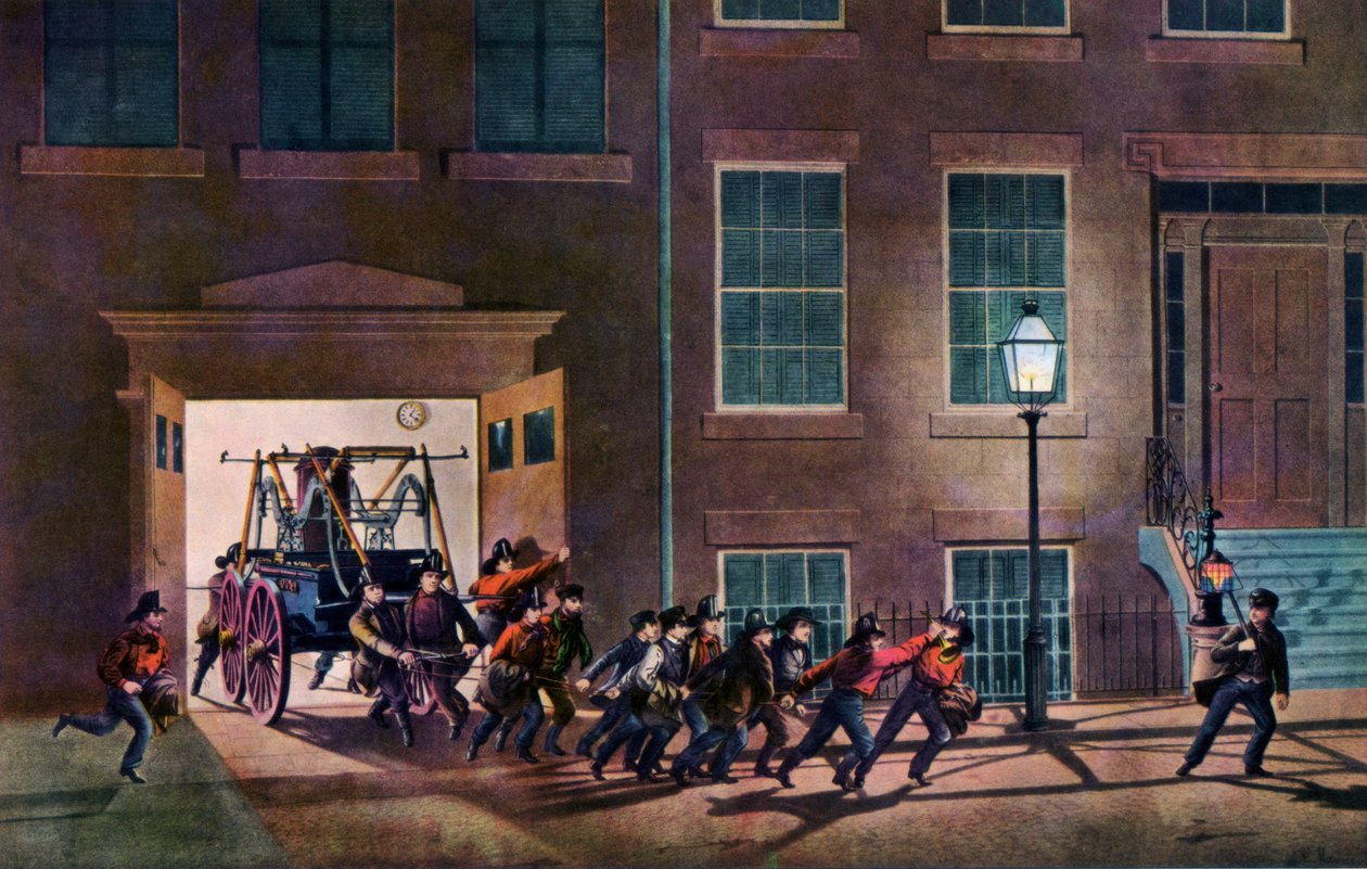 夜警报，《消防员的生活》，1854年。 作者 纳撒尼尔·卡里尔（Nathaniel Currier）