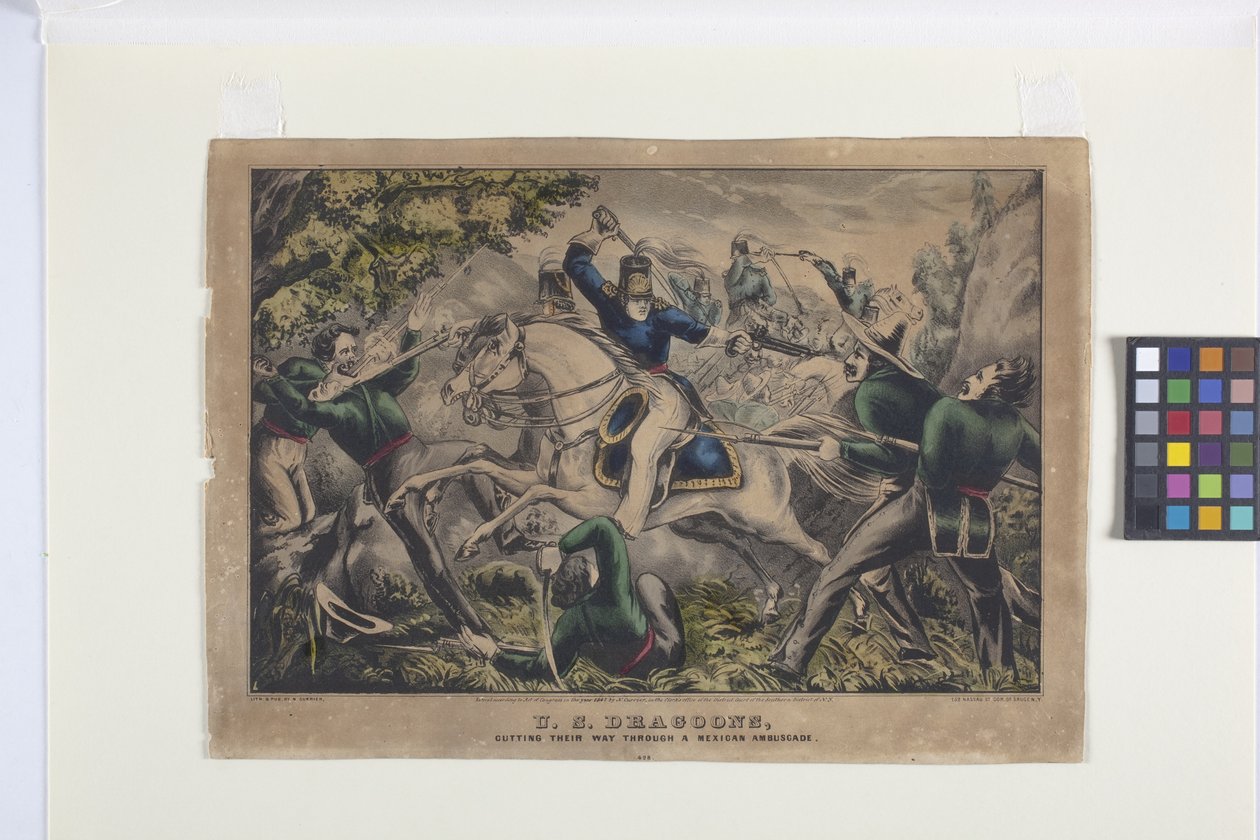 美国龙骑兵在墨西哥伏击区开路（手绘版画） 作者 纳撒尼尔·卡里尔（Nathaniel Currier）