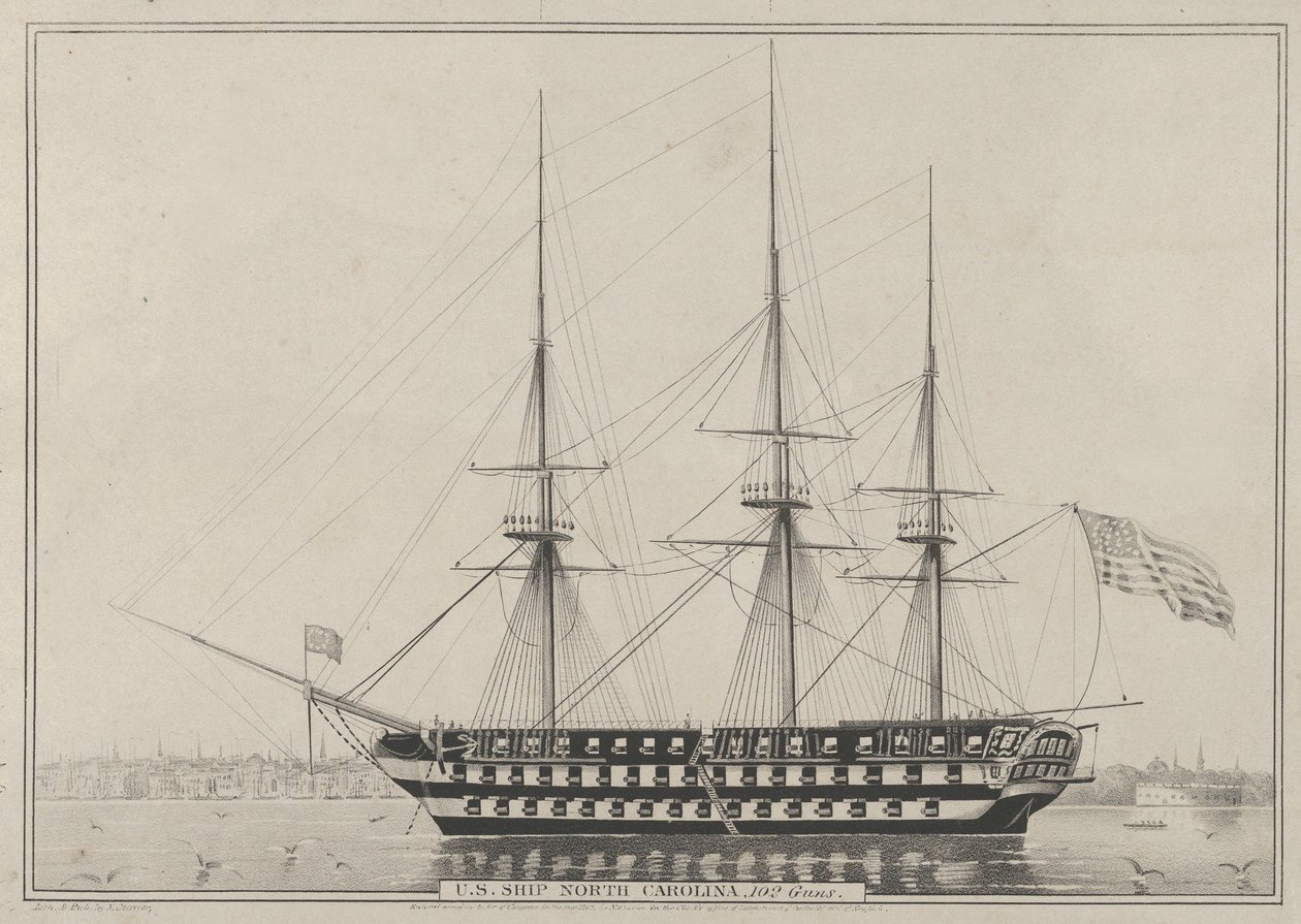 U.S. Ship North Carolina, 102 Guns, 1843., 1843. 作者 纳撒尼尔·卡里尔（Nathaniel Currier）