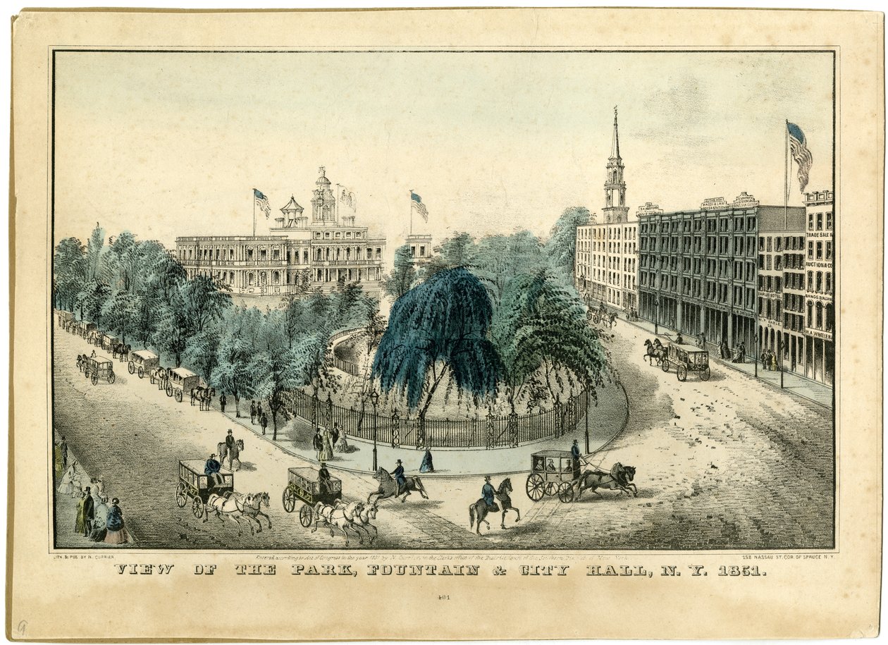 观点的公园，喷泉和市政厅，NY 1851年，1851年 作者 纳撒尼尔·卡里尔（Nathaniel Currier）