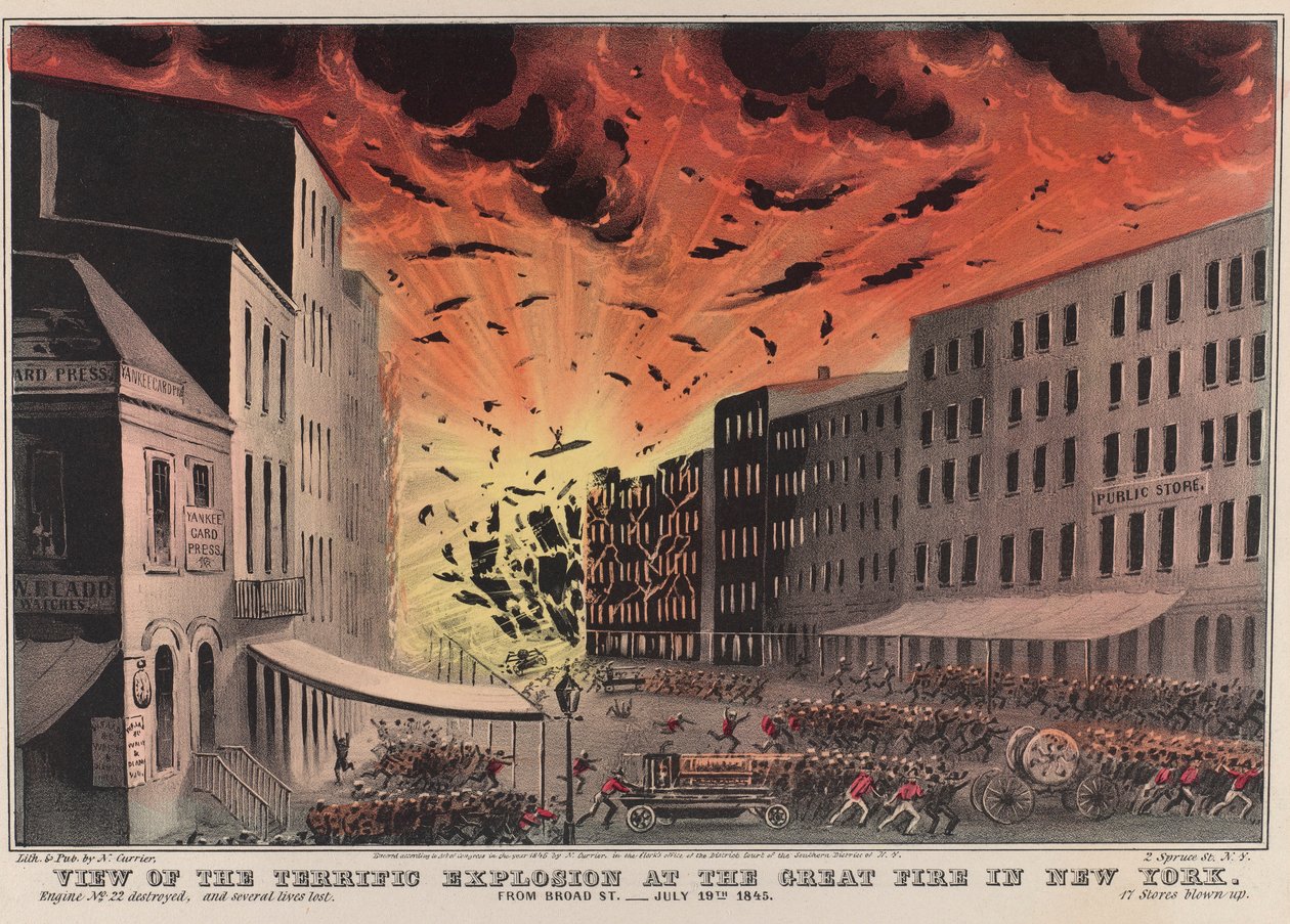 纽约大火的恐怖爆炸景象。来自布罗德街--1845 年 7 月 19 日 作者 纳撒尼尔·卡里尔（Nathaniel Currier）