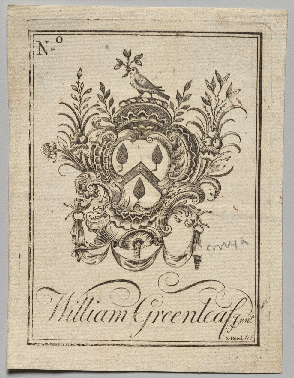 书签：  威廉-格林里夫（William Greenleaf Jun.r）题写的盾形纹章 作者 纳撒尼尔·赫德