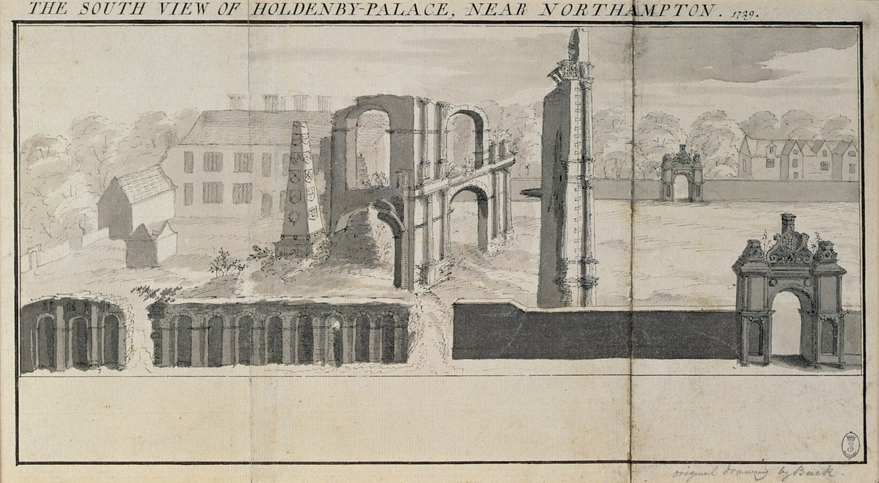 Holdenby议院和废墟南视图如在1729年看见 作者 纳撒尼尔（Nathaniel）和塞缪尔·巴克（Samuel Buck）