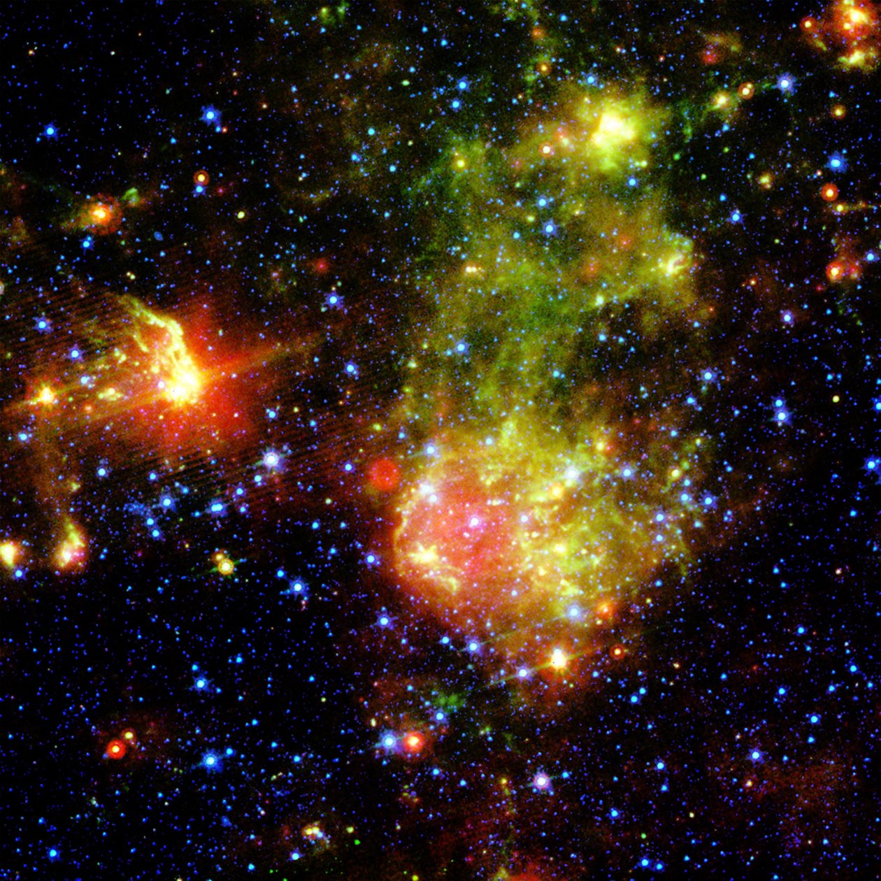 超新星1E0102.2-7219位于星云N76旁边，位于小麦哲伦星云明亮的恒星形成区域，距离地球约200,000光年。信用NASA。科学天文学 作者 国家航空航天局国家航空航天局