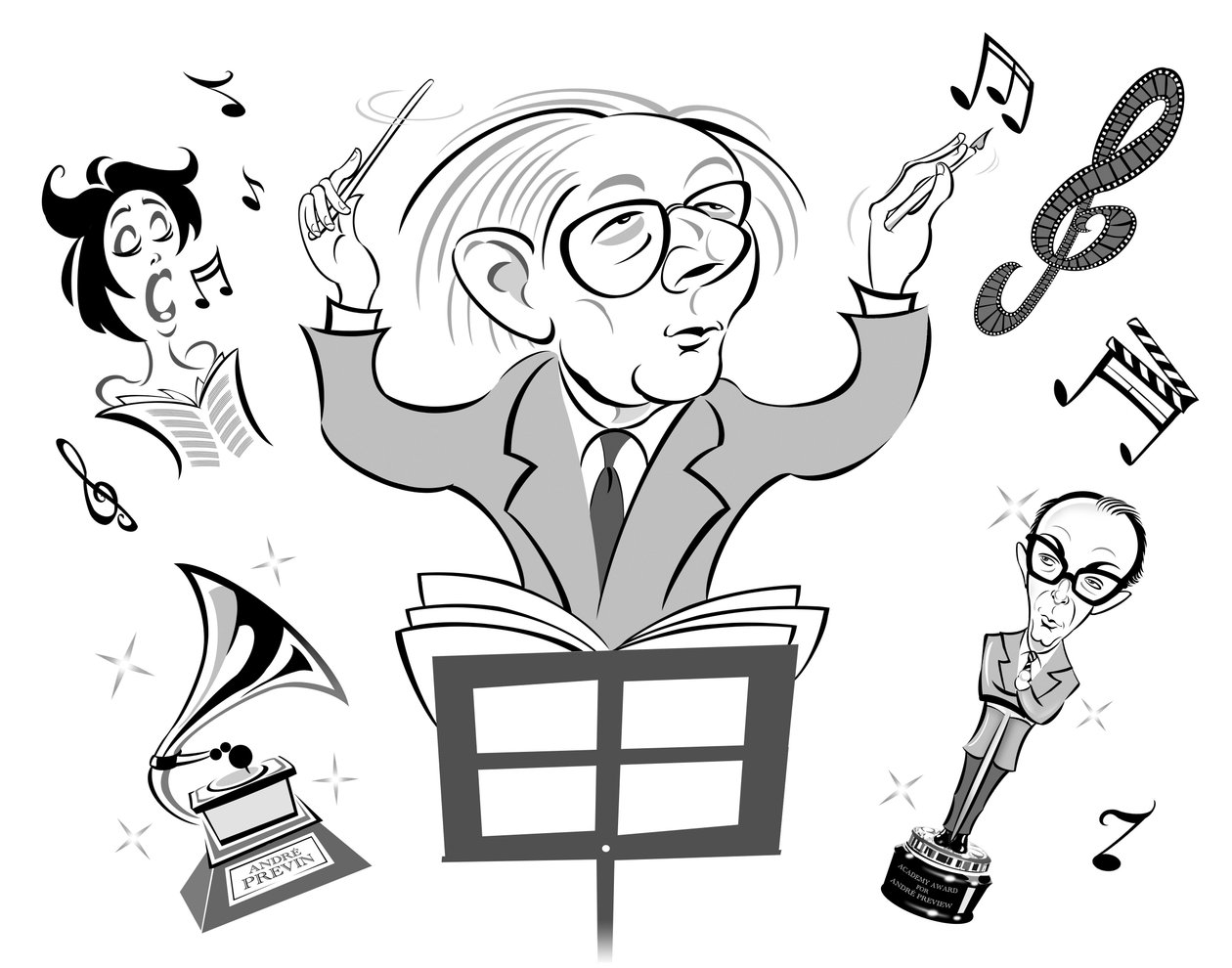 Andre Previn，出生于德国的美国钢琴家，作曲家和指挥家（1929年出生）;讽刺性的指导和写作电影音乐;与Eric Morecambe一起参考Previns appeara作为奥斯卡奖 作者 尼尔·奥斯本
