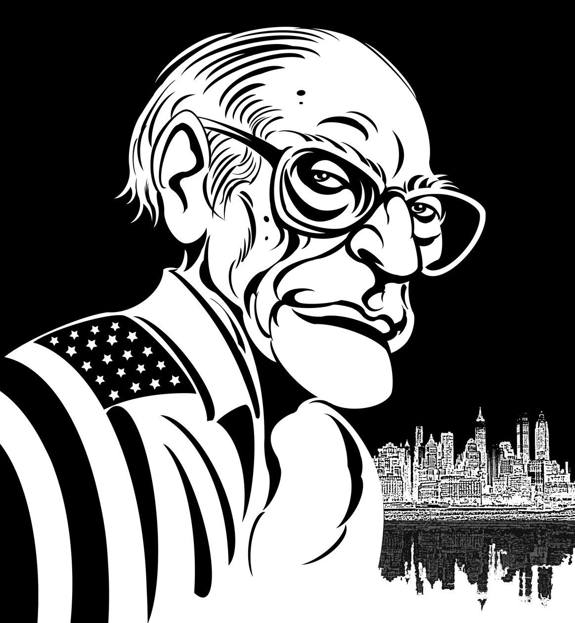 亚瑟米勒，美国剧作家（1915-2005）;黑白漫画，披着美国国旗 作者 尼尔·奥斯本