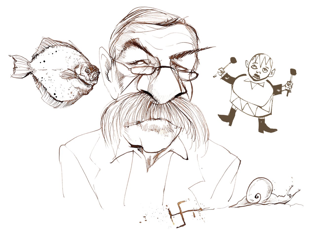 GünterGrass，德国小说家，诗人，剧作家和艺术家;讽刺他的书：The Flounder  -  Der Butt（1977年小说）;来自蜗牛日记 -  Aus dem Tagebuch einer Schneke（ 作者 尼尔·奥斯本