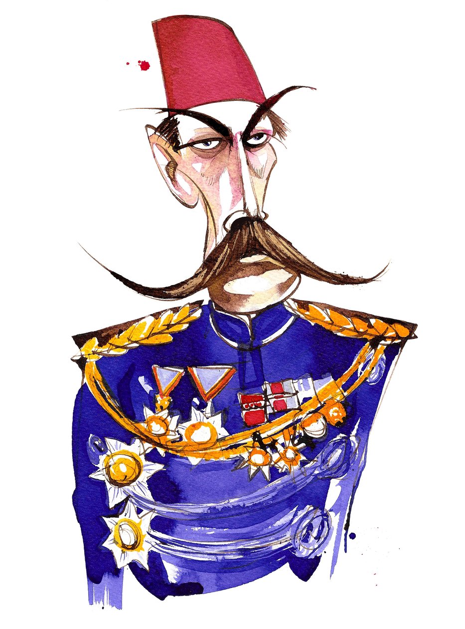 出生于爱尔兰的英国Field Marshall，First Earl Kitchener，穿着制服和菲斯的彩色漫画 作者 尼尔·奥斯本