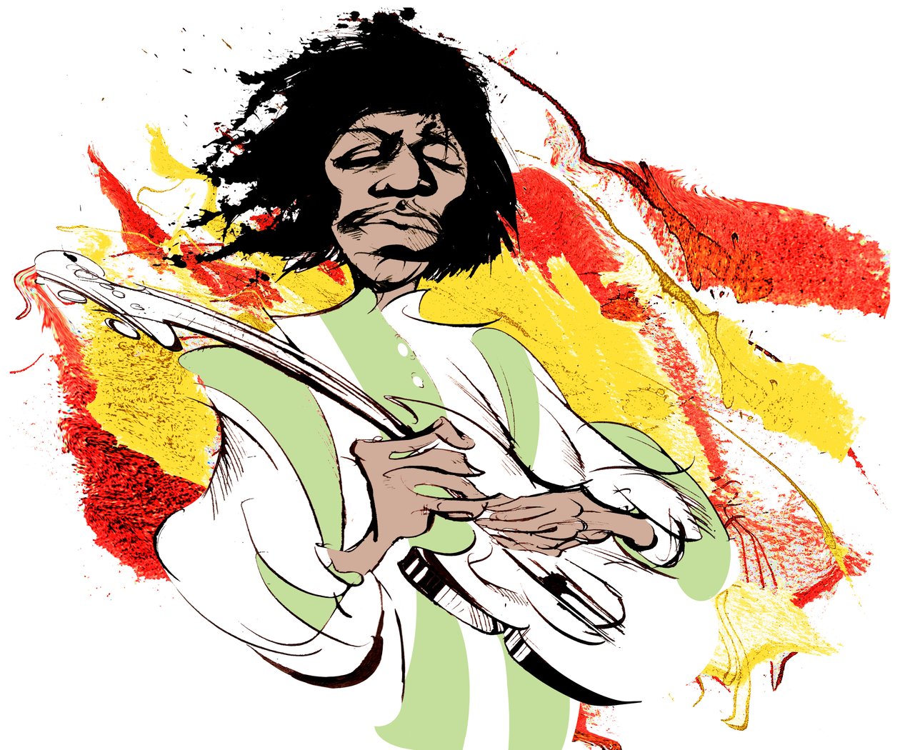 Jimi Hendrix，美国吉他手（1942-70），彩色漫画 作者 尼尔·奥斯本