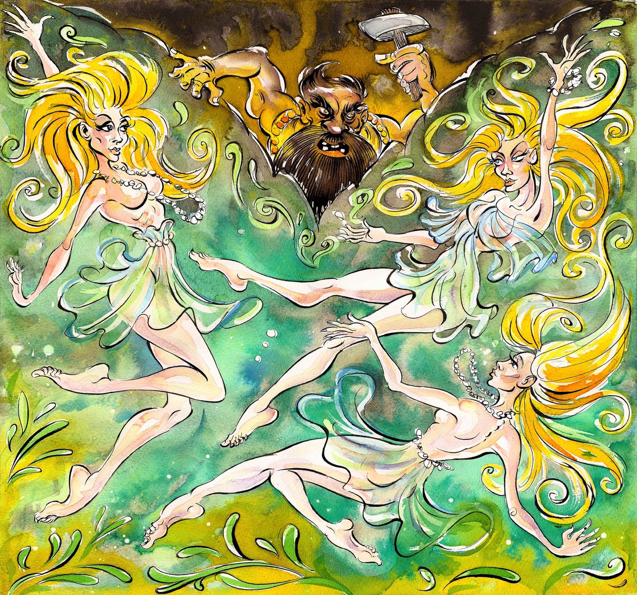 Rheinmaidens（Rheintöchter）在瓦格纳的Rheingold与Woglinde，Wellgunde和Flosshilde以及Alberich在背景中 作者 尼尔·奥斯本