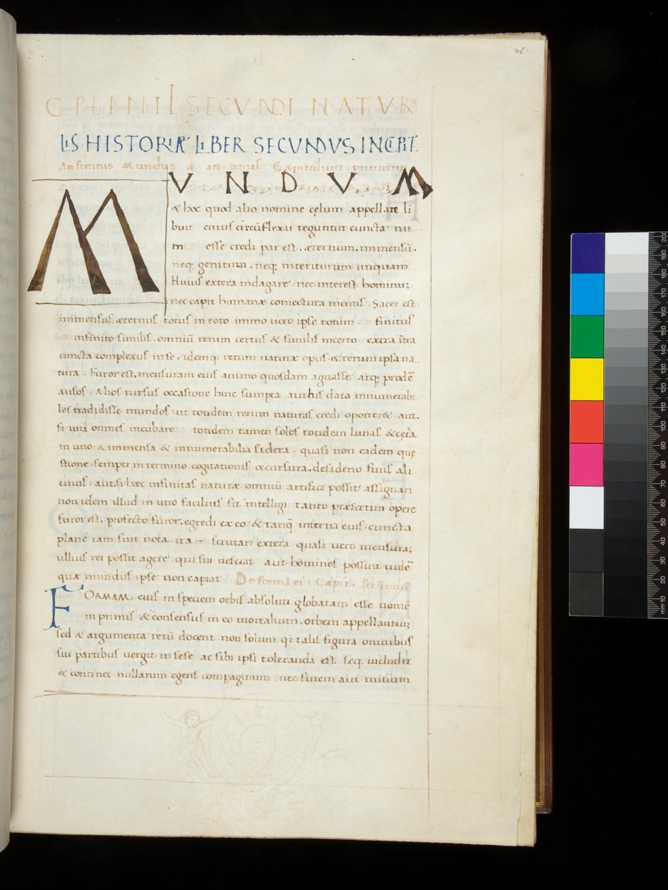 394.1 女士。 老普林尼，自然历史，f.26r。 钢笔首字母 [M] 添加在装饰者留下的空白专用空间中，那不勒斯，15 世纪中叶，c.1442（羊皮纸） 作者 那不勒斯学校