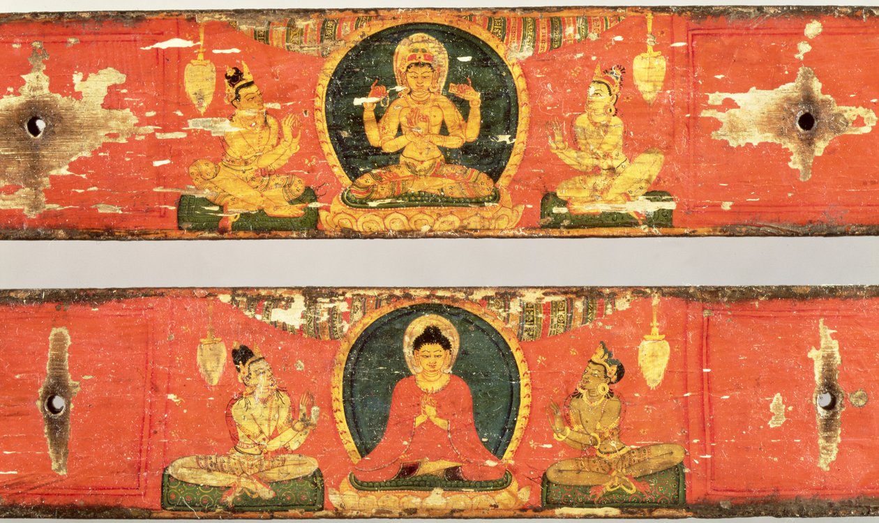 坐佛菩萨（Prajnaparamita）（上）和菩萨包围的佛陀（下图）细节，c.1100（多彩木）（细节114238） 作者 尼泊尔学校