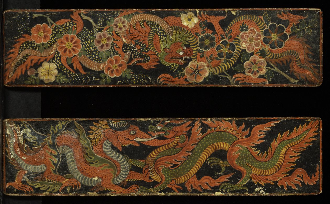一对佛教手稿封面，1659年（木材上不透明的wc） 作者 尼泊尔学校