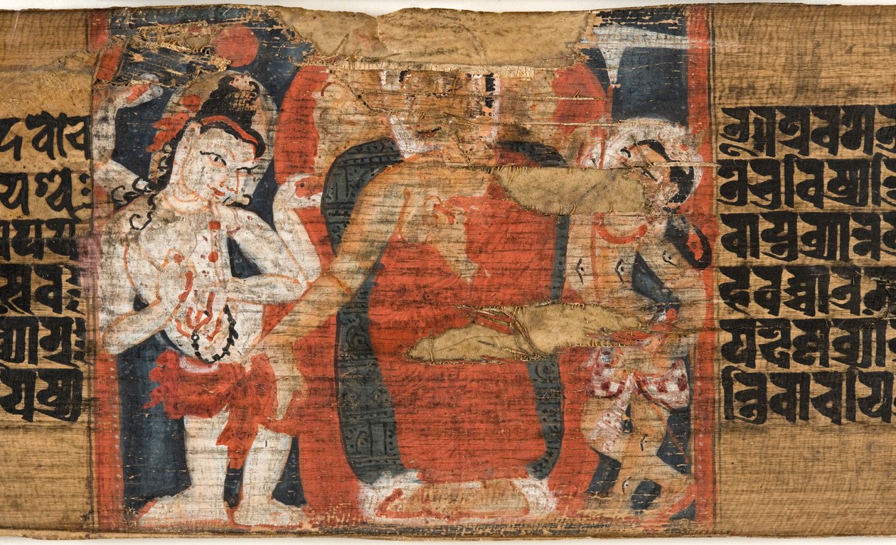 Folio 126b Buddhas Desise from the Heaven，来自Astasahasrika Prajnaparamita（棕榈叶和木头上的墨水和颜色）（细节430762） 作者 尼泊尔学校