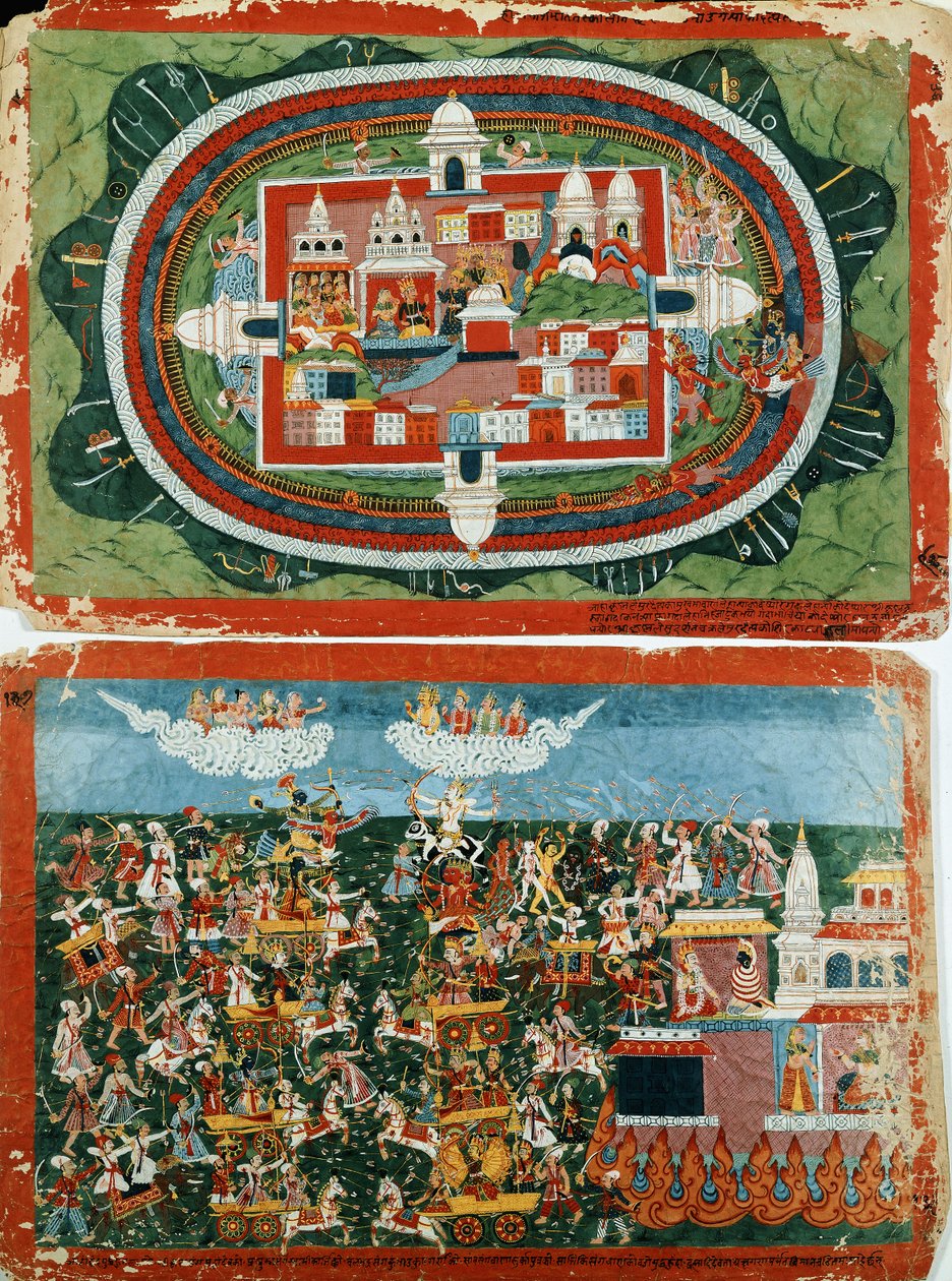 克里希纳（Krishna）袭击不朽的Prag-jyoshita城堡，以恢复阿迪蒂（Aditi）的耳环，c。 1775年 作者 尼泊尔学校