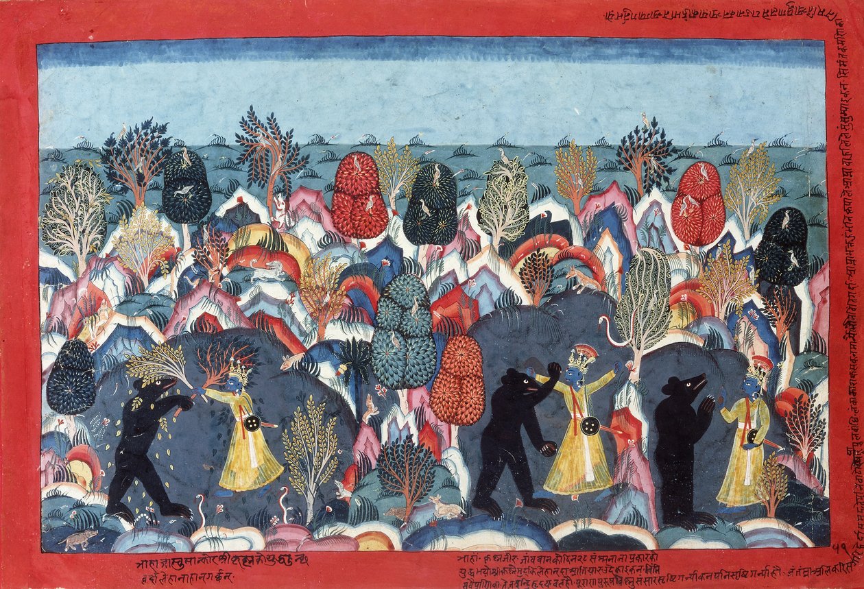 熊王克里希纳战役Jambavata，c。 1775年 作者 尼泊尔学校