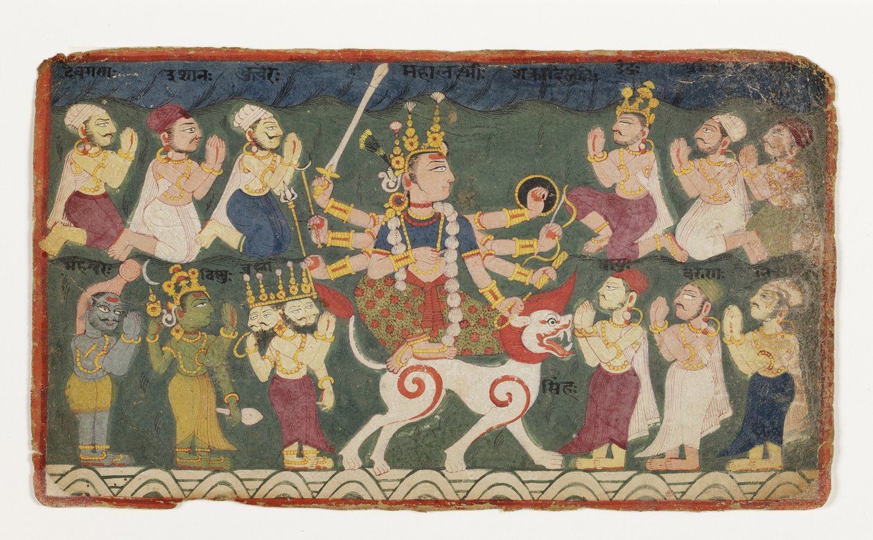 Mahalakshmi骑着她的狮子，来自Devimahatmya，1750（纸上不透明的wc） 作者 尼泊尔学校