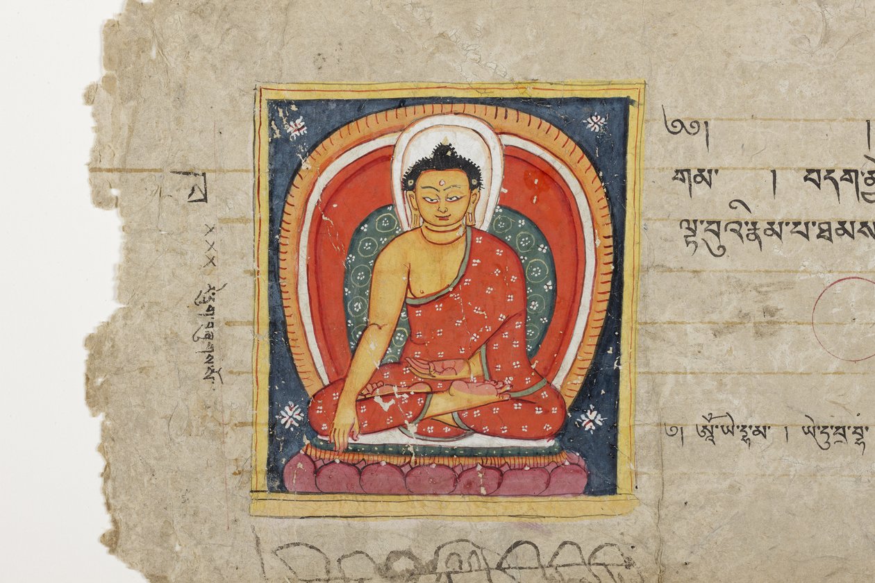 佛教手抄本（可能是Mahashitalanika，约1400年）的页面（不透明水彩和纸上墨水） 作者 尼泊尔学校