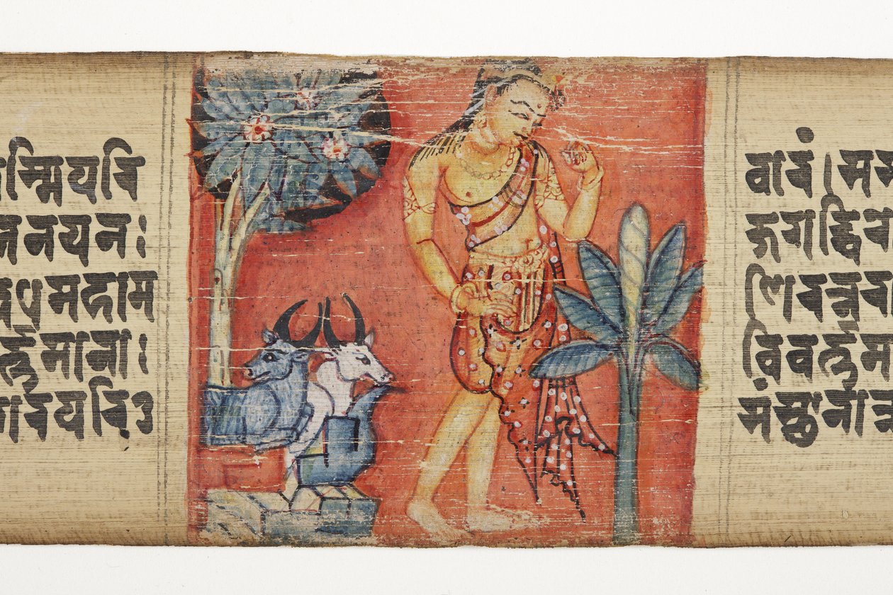 Sudhana穿越岩石景观，有两头公牛，来自Gandavyuha（不透明的wc和棕榈叶上的墨水） 作者 尼泊尔学校