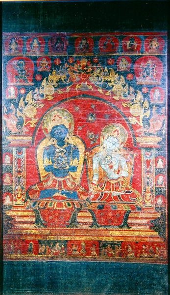 唐卡绘画描绘了Adibuddha Vajradhara（丝绸上的水粉） 作者 尼泊尔学校
