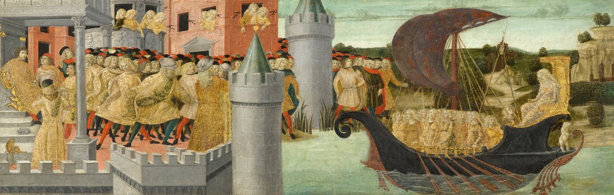 埃及艳后到安东尼的访问，约1475年至1480年（面板上的蛋彩画，金银铅） 作者 Neroccio di Landi