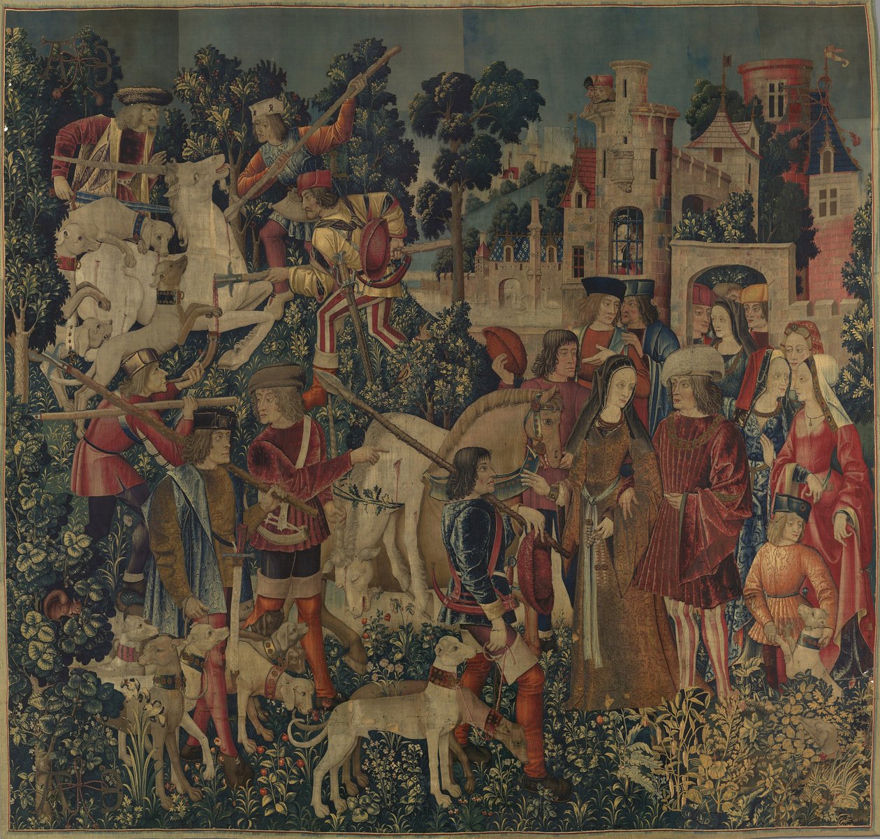 独角兽被杀死并带到城堡，c.1500（羊毛经纱，羊毛，丝绸，银和镀金纬纱） 作者 荷兰语学校