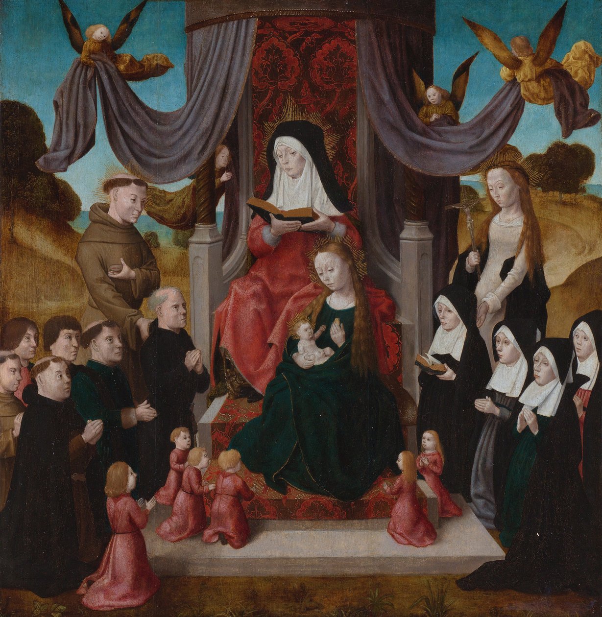 圣母子与圣安妮·安娜·塞尔布德里特（Saint Anne Anna Selbdritt），圣弗朗西斯（Saints Francis），利德维纳（Lidwina）及其捐助者，c。 1490-1 作者 荷兰大师