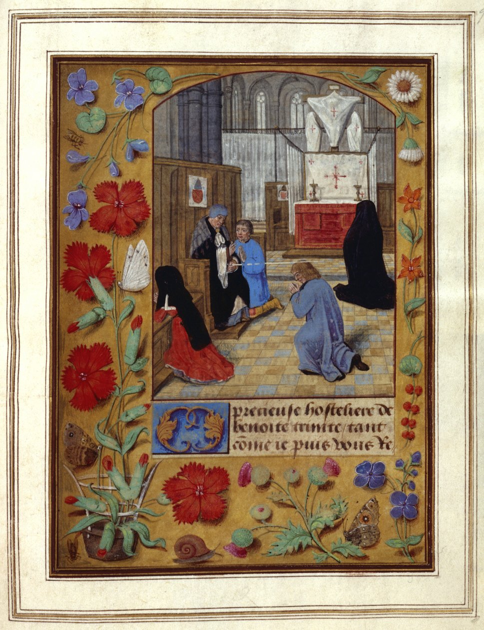 Add.25698，f.9 在教堂中禁食和祈祷，选自 "时间之书 "的插图，约 1492 年（牛皮纸上的墨水和色彩） 作者 荷兰语学校