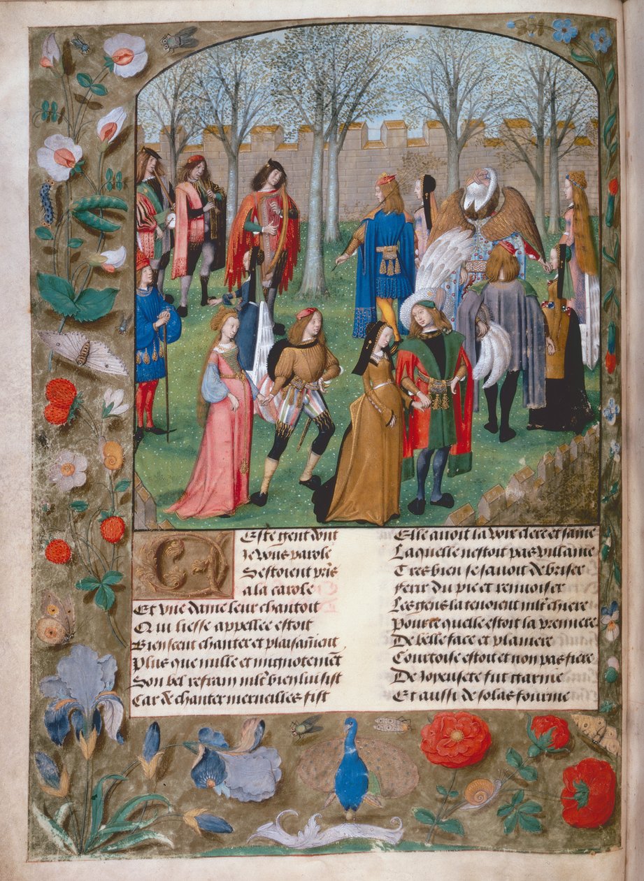 Harl 4425 f.14v 《花园中的卡罗尔》，选自布鲁日的 "Roman de la Rose"，约 1490-1500 年（牛皮纸） 作者 荷兰语学校