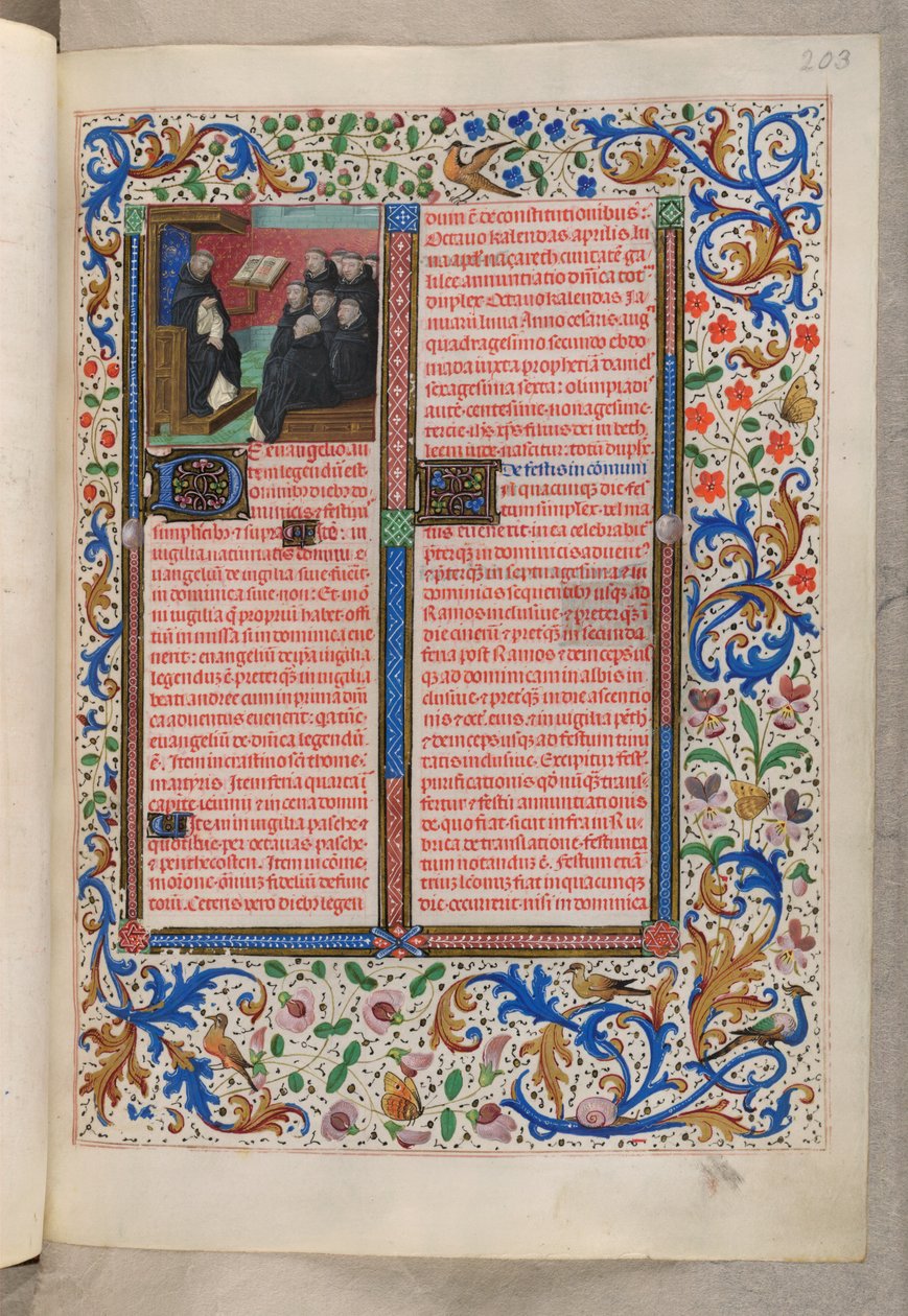 MS 18851，f.203r 一位多明我会士为他的兄弟们朗读（节庆训条），《教友日记》，多明我会使用（"卡斯蒂利亚伊莎贝拉女王的教友日记"）。 作者 荷兰语学校