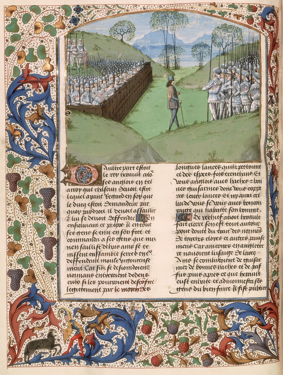 MS Royal 15 E.IV fol.231v 黑斯廷斯战役（1066 年）中的撒克逊栅栏，选自 Jean de Warvin 的《Chroniques d