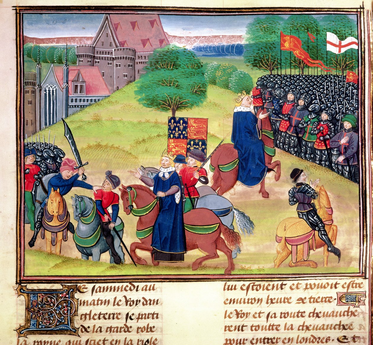 Royal 18 E.1，F.175 瓦特·泰勒 (Wat Tyler) 于 1381 年农民起义期间在伦敦史密斯菲尔德去世，插图来自让·弗鲁瓦萨 (Jean Froissart) 所著的《法国与英国编年史》，c.1460-80（牛皮纸） ） 作者 荷兰语学校