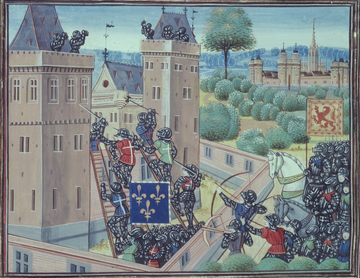 皇家 18 E.1 fol.345 法国人和苏格兰人攻占瓦克城堡，选自让-弗罗萨特（Jean Froissart，约 1333-1404 年）约 1460-80 年创作的《Chroniques de France et d